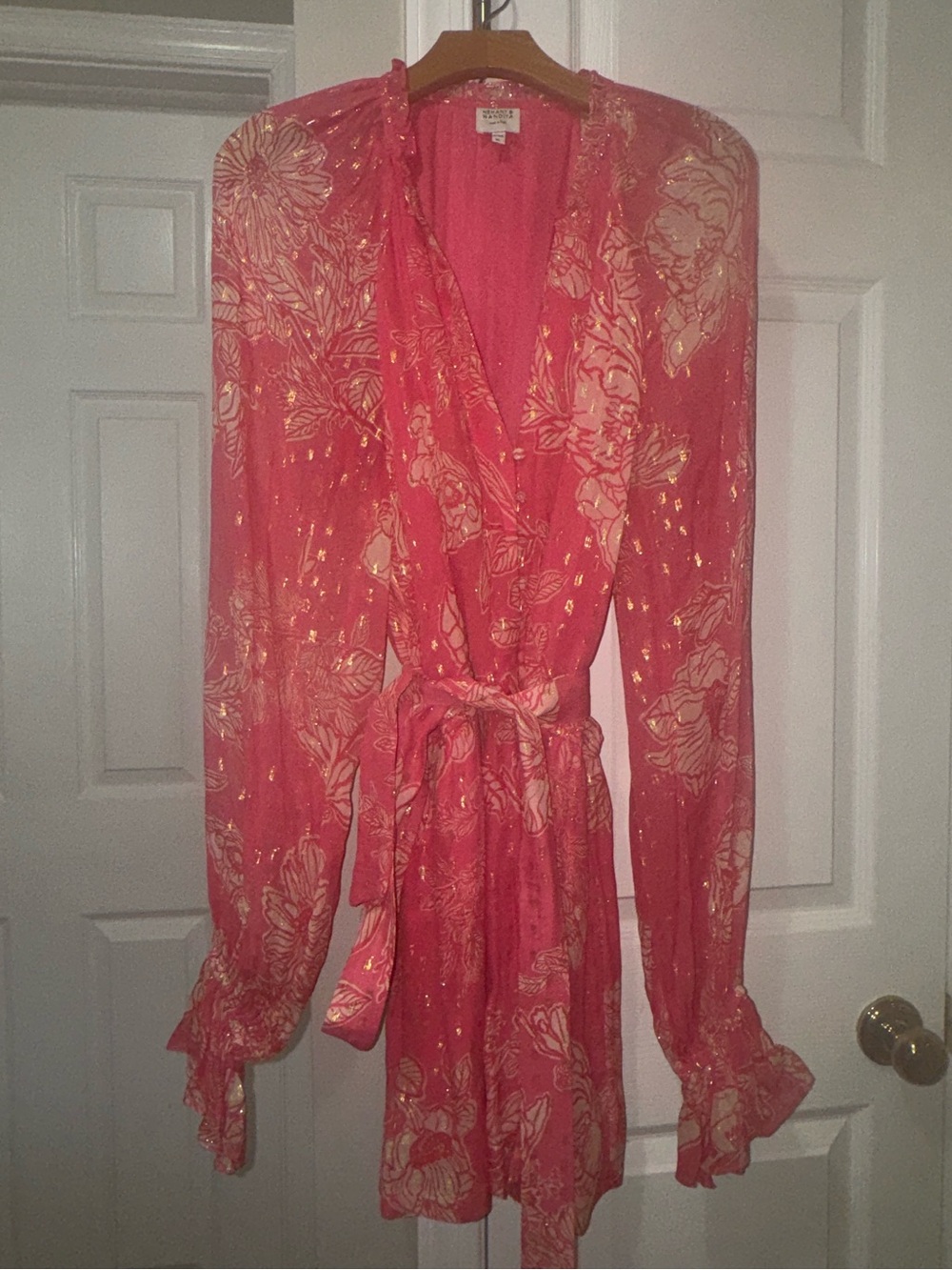 Hemant and Nandita Pink Floral Gold Lurex Long Sleeve Romper Boho Mini Dress L - Picture 4 of 10
